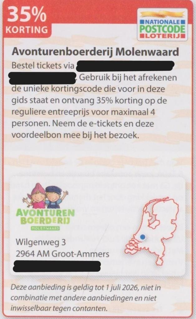 Avonturenboerderij Molenwaard. 35% korting. Groot-Ammers., Tickets en Kaartjes, Recreatie | Pretparken en Attractieparken, Drie personen of meer