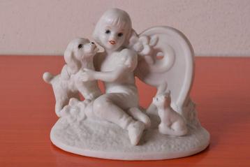 Retro vintage porseleinen jaren 70 beeldje - Meisje hond kat beschikbaar voor biedingen