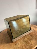 Glazen waxinelichthouder / windlicht met houten voet, Ophalen of Verzenden, Vierkant