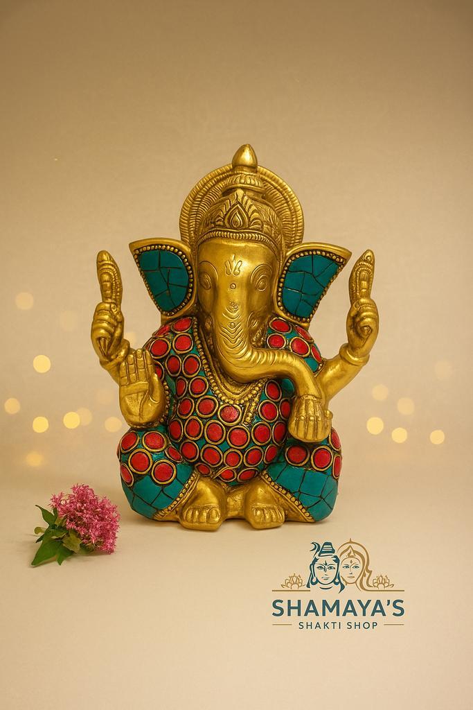 Brass Ganesh Murti met steentjes, Huis en Inrichting, Woonaccessoires | Boeddhabeelden, Nieuw, Ophalen of Verzenden
