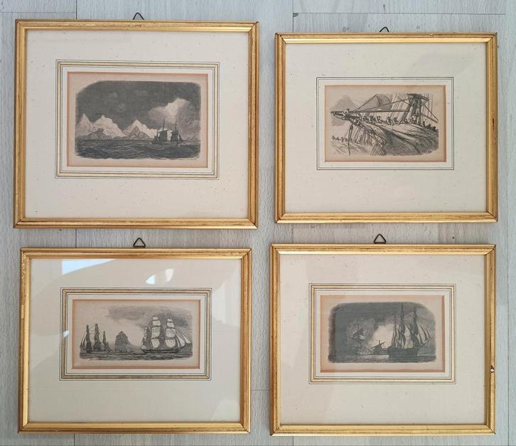 Vier oude maritieme prenten in gouden lijst, Antiek en Kunst, Kunst | Etsen en Gravures, Ophalen of Verzenden