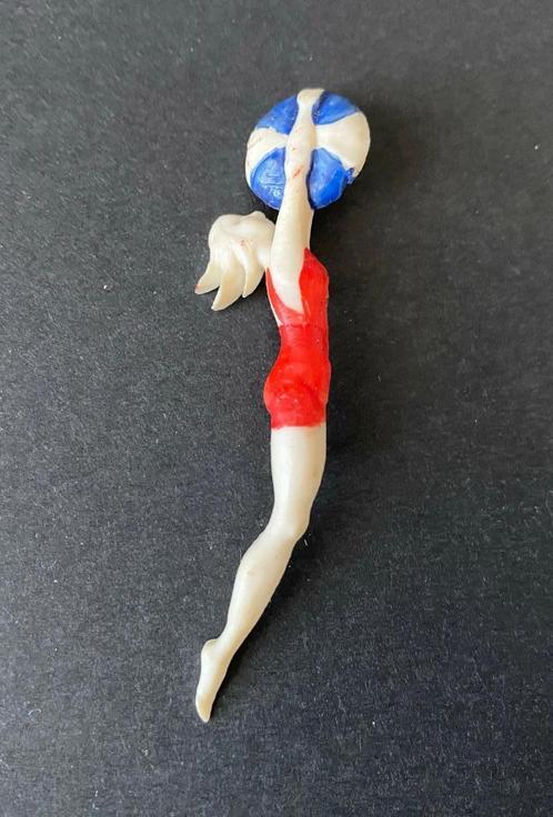 Broche schoonzwemmer, rood met blauwe dikke strepen, Sieraden, Tassen en Uiterlijk, Broches, Zo goed als nieuw, Overige materialen