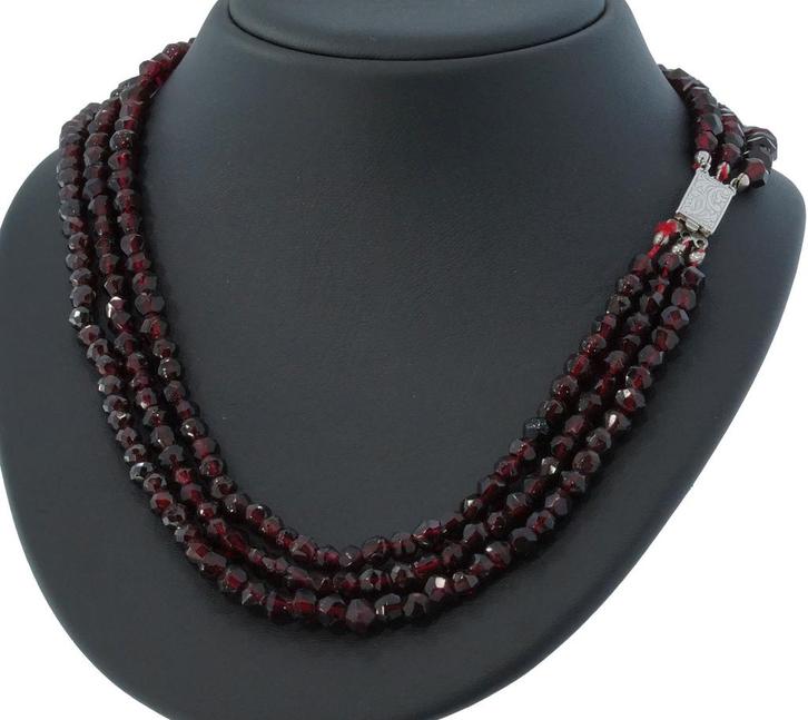 Granaat vintage antieke ketting 3-strengs slot zilver, Sieraden, Tassen en Uiterlijk, Antieke sieraden, Ketting, Zilver, Met edelsteen