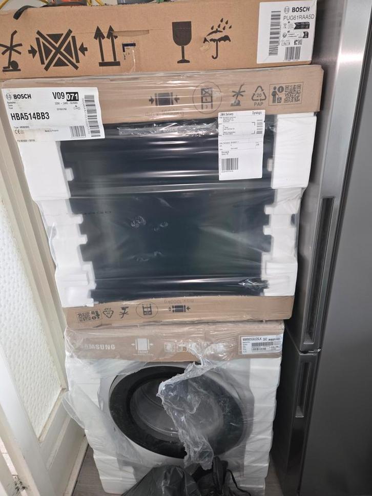 Nieuwe witgoed set (TV, koelkast, wasmachine, droger), Witgoed en Apparatuur, Wasmachines, Nieuw, Voorlader, 8 tot 10 kg, 85 tot 90 cm