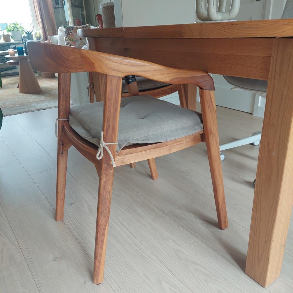 Houten eetkamerstoelen 2x Karwei Caddo Lasse, Huis en Inrichting, Stoelen, Zo goed als nieuw, Eén, Hout, Stof, Bruin, Ophalen