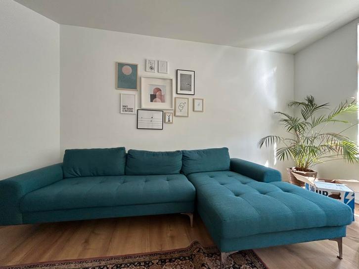 Mooie groenblauwe bank in goede staat, Huis en Inrichting, Banken | Bankstellen, Gebruikt, Rechte bank, Ophalen