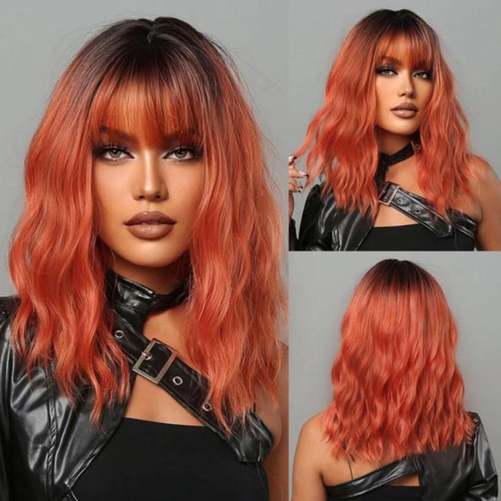 Koperrode wavy pruik bob model met pony en donkere, Sieraden, Tassen en Uiterlijk, Uiterlijk | Haarverzorging, Nieuw, Pruik of Haarverlenging