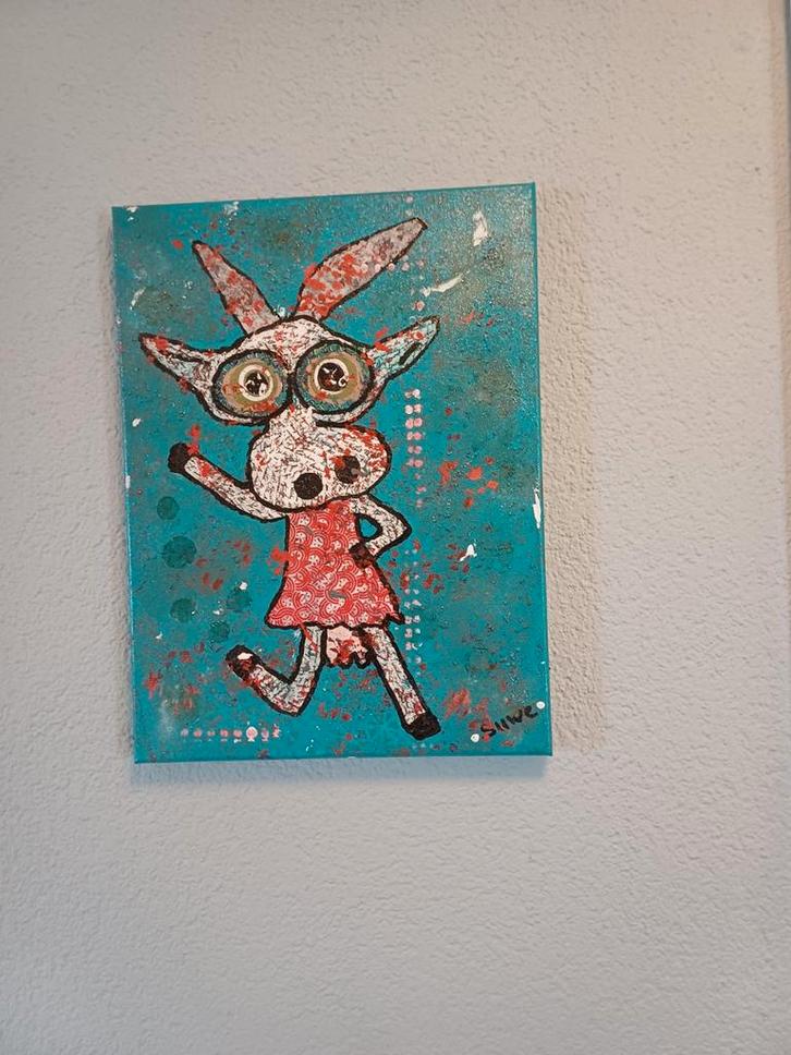 Kleurrijk schilderij dansende koe 30x40 cm, Antiek en Kunst, Kunst | Schilderijen | Modern, Ophalen of Verzenden