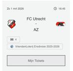 FC Utrecht – AZ | 2 kaartjes naast elkaar | Vak Z rij 3, Tickets en Kaartjes, Losse kaart, Twee personen, Maart