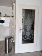 Opdek binnendeur Rechts inzetraam met gezandstraald motief, Glas, 80 tot 100 cm, Ophalen of Verzenden, Zo goed als nieuw