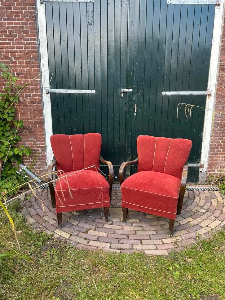 Set van 2 prachtige vintage fauteuils, Huis en Inrichting, Stoelen, Gebruikt, Twee, Rood, Ophalen