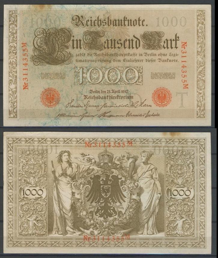 Reichsbanknote 1000 Mark 1910 Groot Biljet c-68 jdu, Postzegels en Munten, Bankbiljetten | Europa | Niet-Eurobiljetten, Los biljet