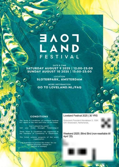 2x weekend ticket Loveland 2025 9 & 10 augustus, Tickets en Kaartjes, Evenementen en Festivals, Twee personen