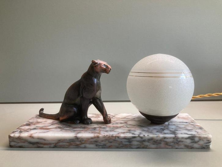 panter lamp art deco jaren 30 TEDD, Huis en Inrichting, Lampen | Tafellampen, Gebruikt, Minder dan 50 cm, Glas, Metaal, Overige materialen