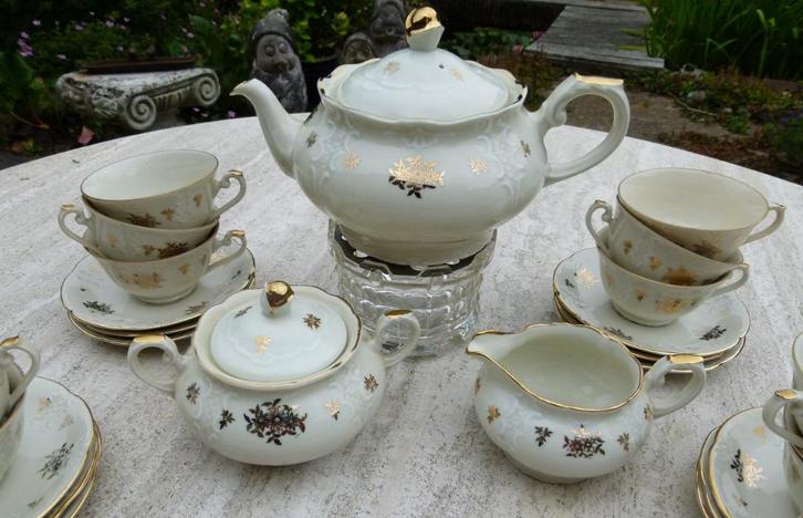 Prachtig MOSA Thee Servies Gouden Bloem + Verkade theelicht, Antiek en Kunst, Antiek | Servies compleet, Ophalen of Verzenden