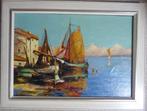 Mediterrane haven 1946 - gesigneerd - doek - gelijst, Antiek en Kunst, Ophalen