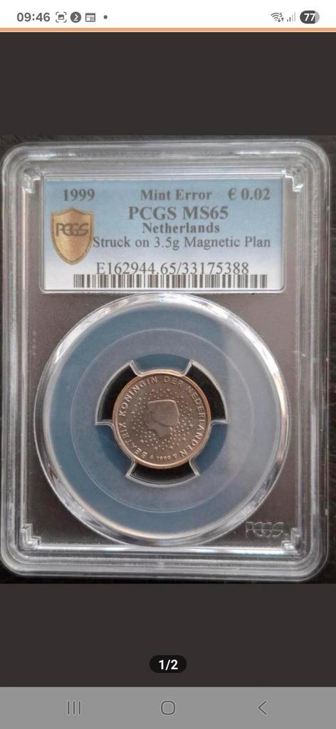 2 eurocent 1999 op een verkeerd muntplaatje. MS65 by PCGS., Postzegels en Munten, Munten | Nederland, Losse munt, Euro's, Koningin Beatrix