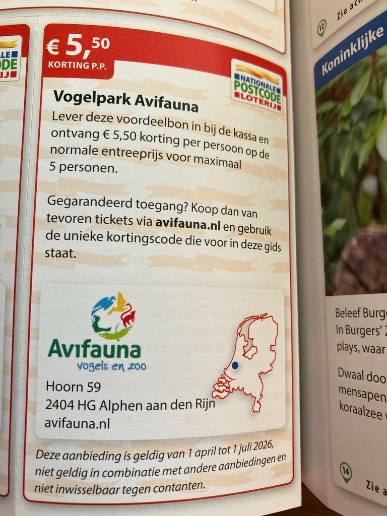 Avifauna 5,50 euro korting per persoon, Tickets en Kaartjes, Drie personen of meer, Kortingskaart
