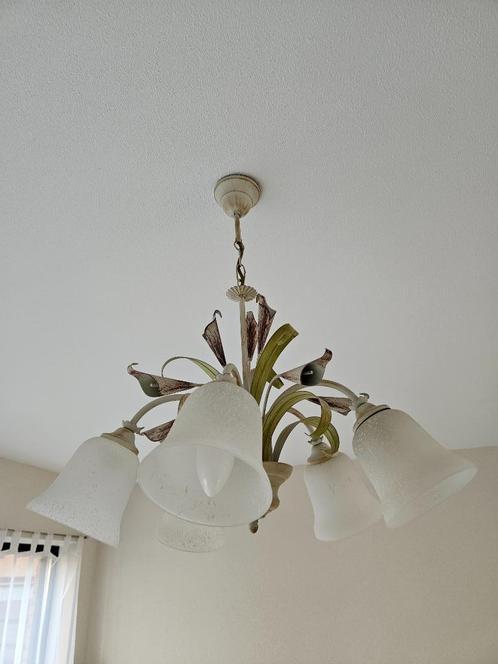 Hanglamp met 5 armen en glazen lampenkappen, Huis en Inrichting, Lampen | Hanglampen, Gebruikt, 50 tot 75 cm, Glas, Metaal, Ophalen