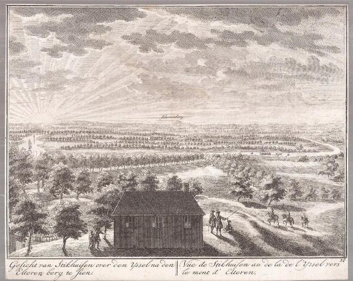 Gesicht van Stikhuisen over den Yssel na den Elteren berg te, Antiek en Kunst, Kunst | Etsen en Gravures, Ophalen of Verzenden