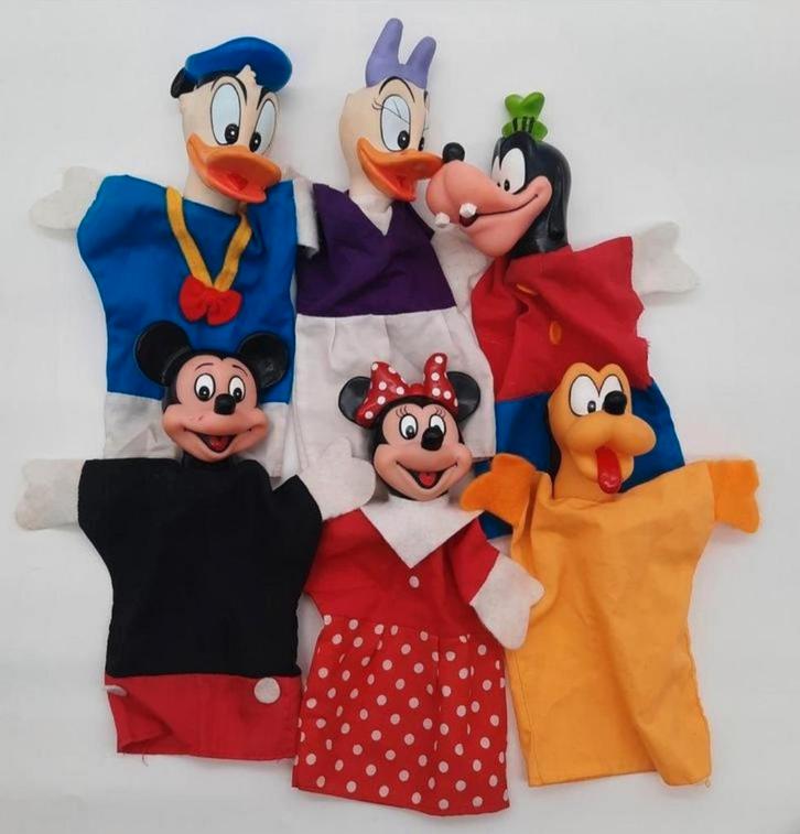 Handpoppen Donald, Mickey, Minnie, Katrien, Pluto en Goofy, Verzamelen, Disney, Gebruikt, Beeldje of Figuurtje, Overige figuren