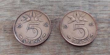 Nederland, 6 stuks munten van 5 en 10 cent uit 1948. beschikbaar voor biedingen