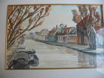 Hollands Dorpsgezicht aan het water/ Aquarel in fraaie lijst beschikbaar voor biedingen