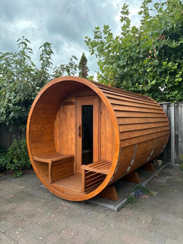 Barrel sauna te koop, Sport en Fitness, Sauna, Zo goed als nieuw, Complete sauna, Ophalen of Verzenden