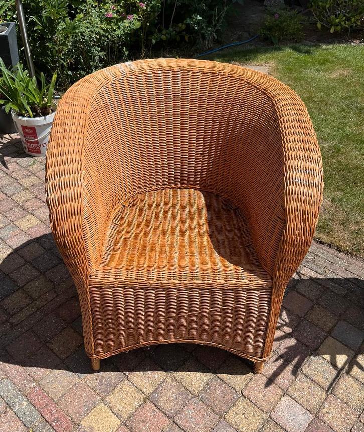 RIETEN, ROTAN FAUTEUIL DESIGN RETRO JAREN 80, Huis en Inrichting, Stoelen, Gebruikt, Eén, Riet of Rotan, Bruin, Ophalen