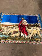 Vintage antiek velvet wandkleed met Jezus schapen 160/123, Ophalen of Verzenden