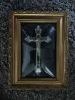 Christus kruis 20 cm nikkel, ingelijst, Antiek en Kunst, Antiek | Religie, Ophalen of Verzenden