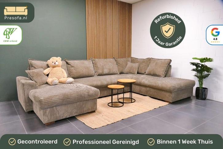 Grote Ribstof U-bank Taupe [Refurbished], Huis en Inrichting, Banken | Bankstellen, Zo goed als nieuw, Hoekbank, Vierpersoons of meer