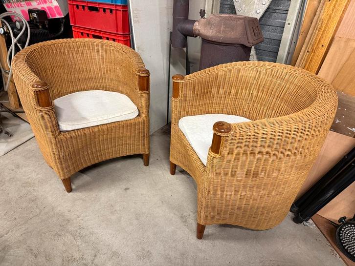 Twee rotan stoelen, Huis en Inrichting, Stoelen, Gebruikt, Twee, Bruin, Ophalen