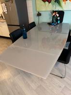 Uitschuifbare glazen eettafel modern design, Ophalen, Gebruikt, 100 tot 150 cm, Vijf personen of meer