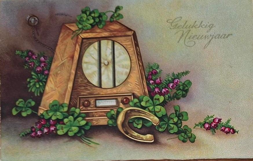 Kerstkaart met oude Radio?-Pendule?- 1937, Verzamelen, Verzenden, 1920 tot 1940, Gelopen, Feest(dag)