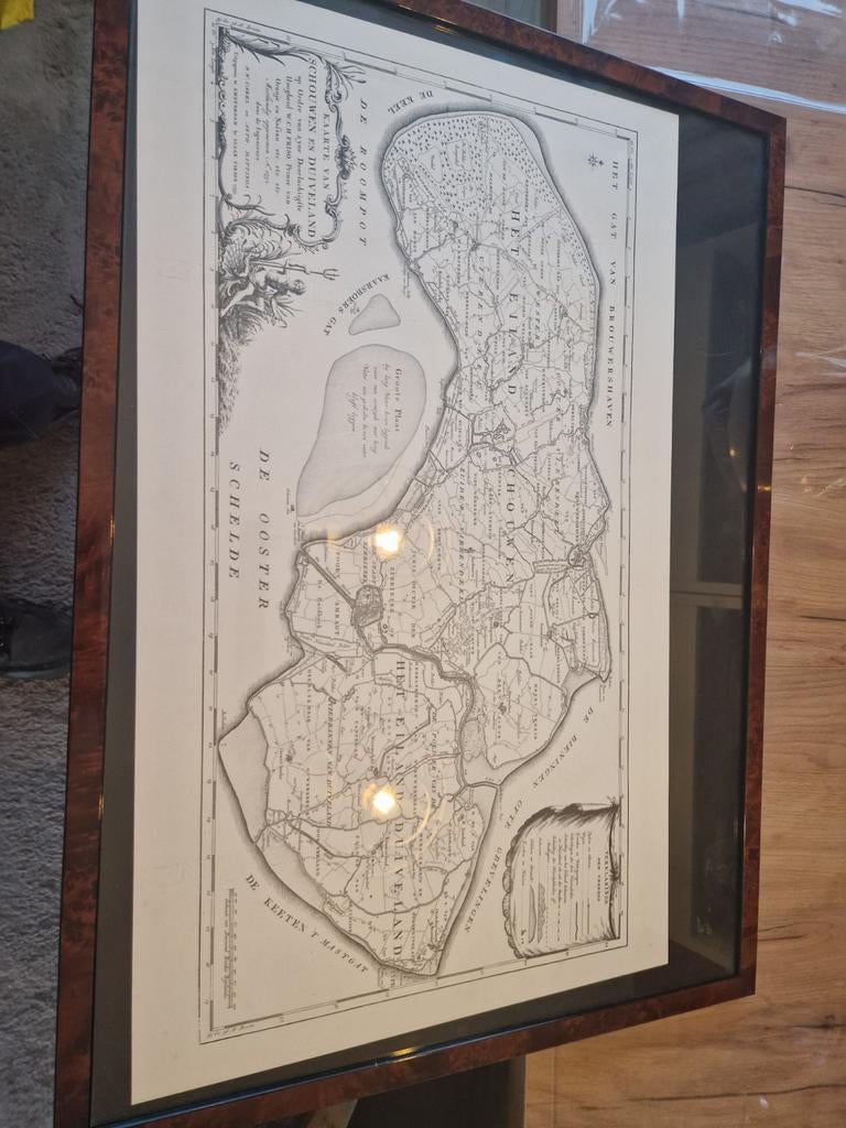 Antieke kaart Schouwen-Duiveland, ingelijst, Gelezen, Ophalen of Verzenden, Landkaart, 1800 tot 2000
