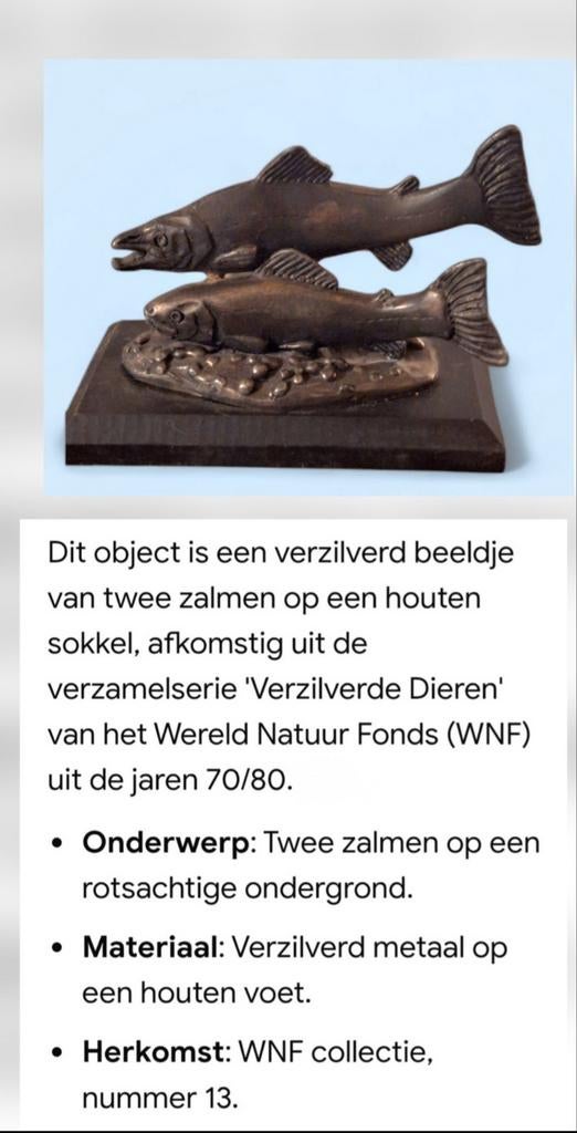 Verzilverd beeldje twee zalmen WNF jaren '70/'80, Ophalen of Verzenden