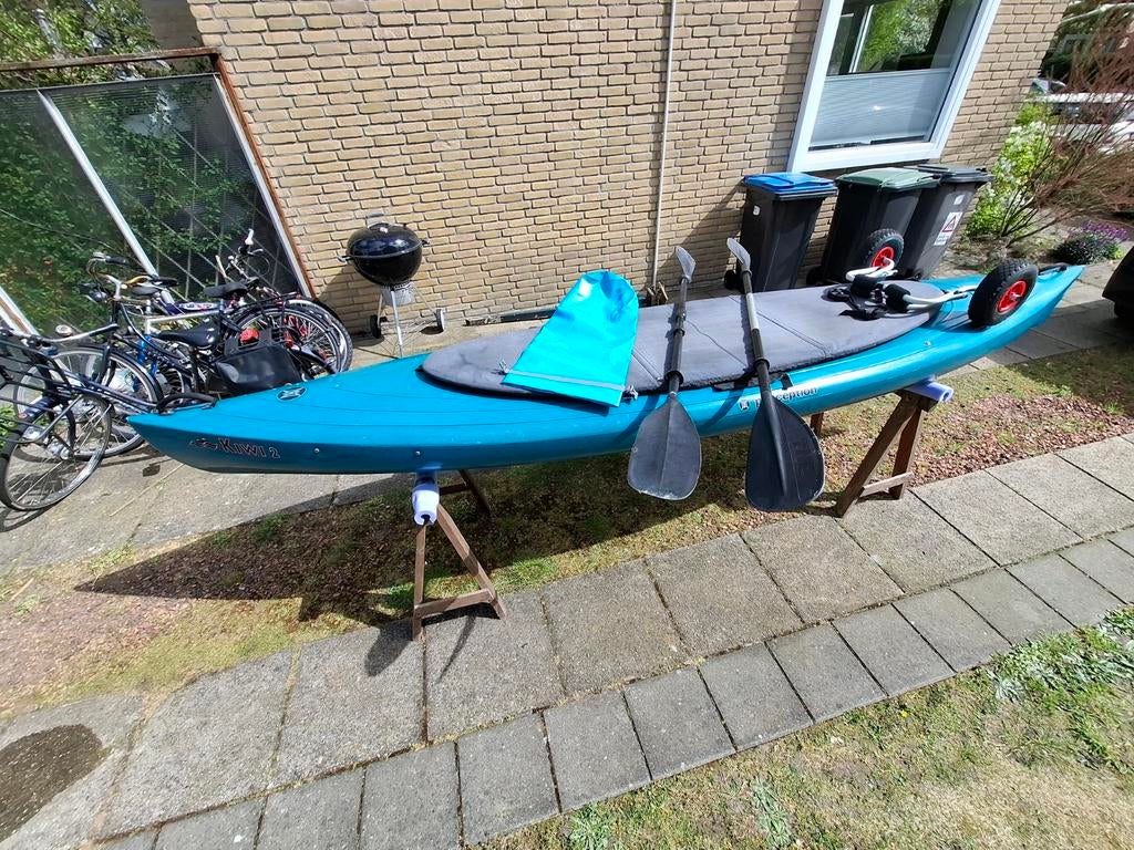 Kano met peddels en transportkarretje, Ophalen, Gebruikt, Eén persoon, Met peddels