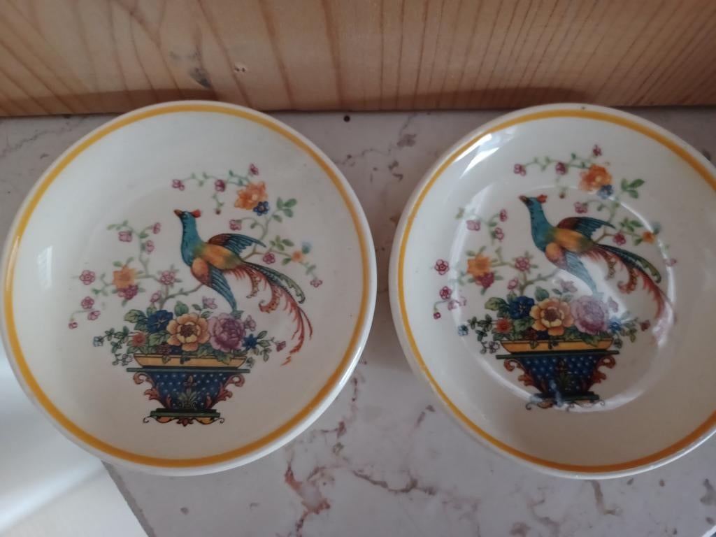 2 Antieke Schaaltjes bordje shenango bird of paradise, Ophalen of Verzenden