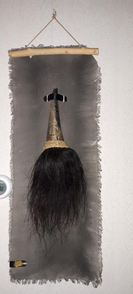 Kalkdoek wandkleed landelijk met hoorn en vacht, Huis en Inrichting, 32 cm, Ophalen of Verzenden, Zo goed als nieuw, Natuurlijk materiaal