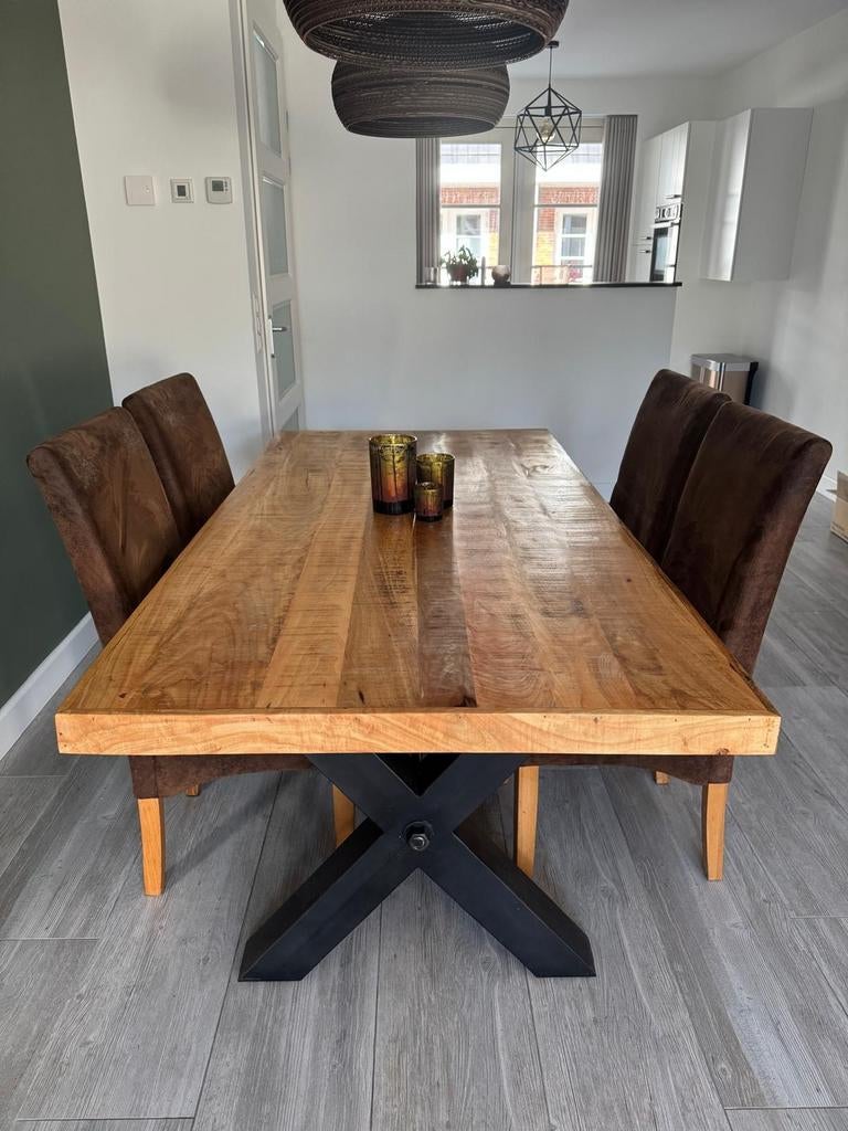 Industriële mangohouten eettafel 200x100 cm, Gebruikt, 200 cm of meer, 50 tot 100 cm, Vijf personen of meer