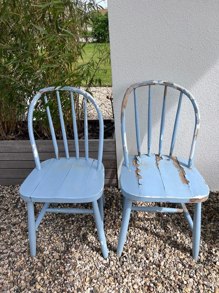 Twee vintage houten stoelen, Huis en Inrichting, Stoelen, Ophalen, Gebruikt, Twee, Blauw