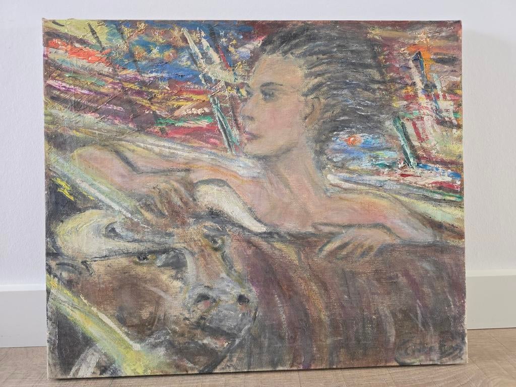 Antiek gesigneerd olieverf schilderij op linnen doek €69, Antiek en Kunst, Kunst | Schilderijen | Abstract, Ophalen of Verzenden