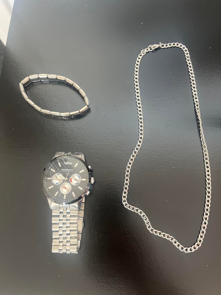 Zilveren horloge, ketting en armband, Staal, Staal, Polshorloge, Zo goed als nieuw