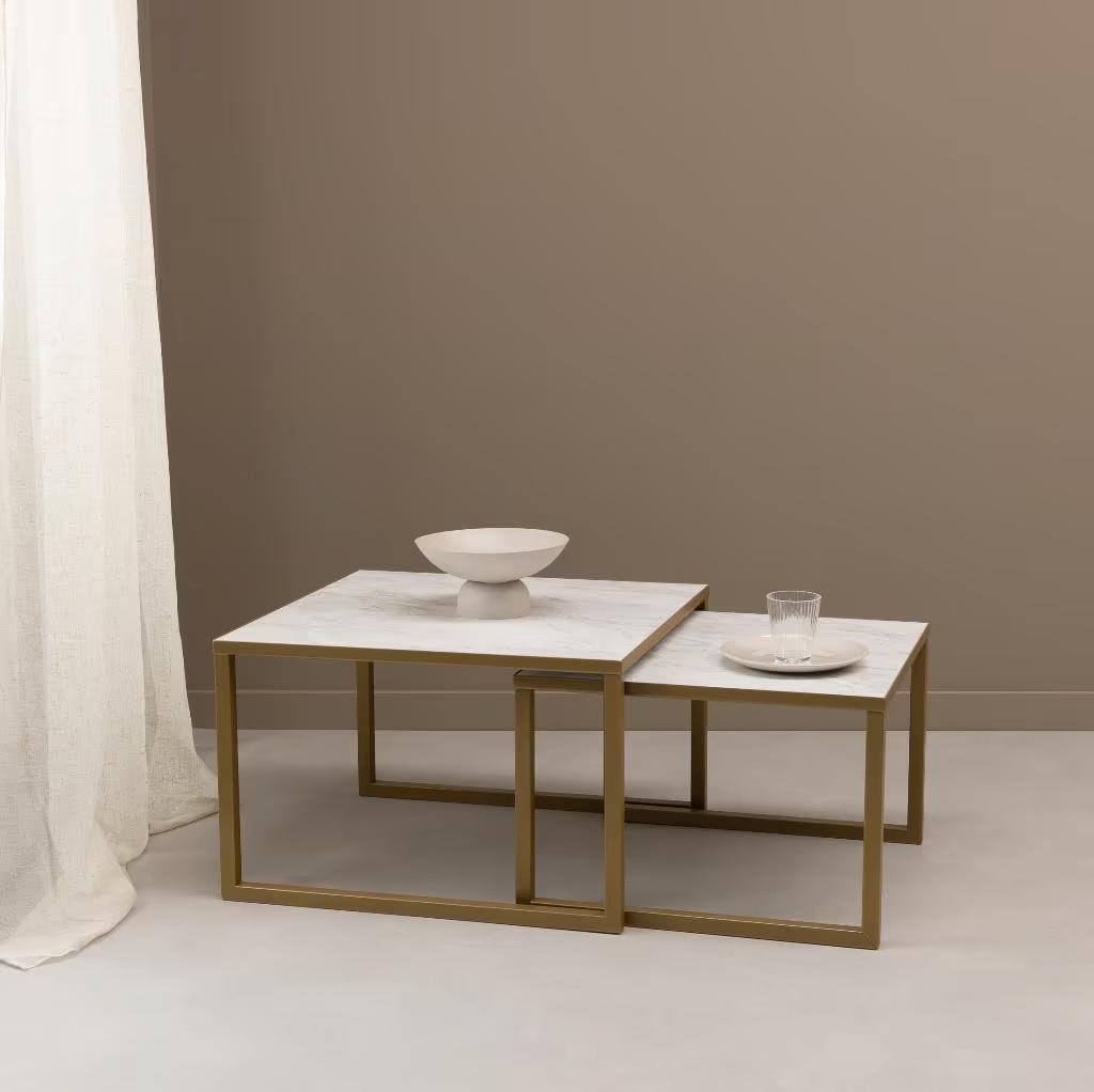 Opheffingsuitverkoop op=op Salontafelset Goud / Wit Marmer, Huis en Inrichting, Tafels | Salontafels, Vierkant, Nieuw, 50 tot 100 cm