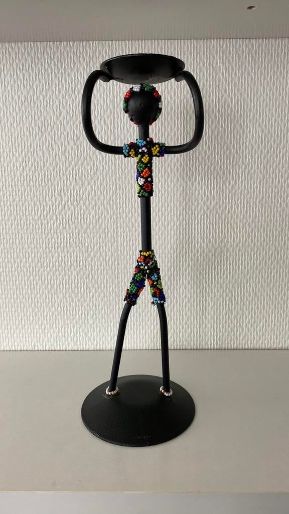 Metalen kandelaar met kraaltjes , 28 cm hoog. vintage, Ophalen of Verzenden