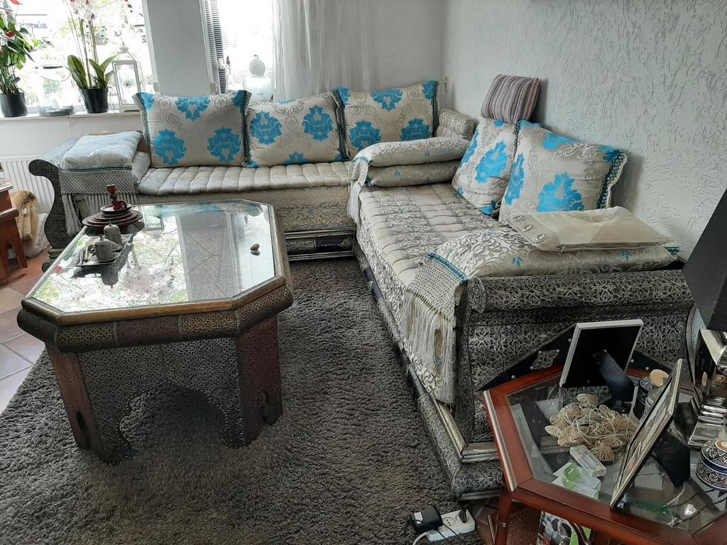 Traditionele Marokkaanse hoekbank met salontafel, Ophalen, Zo goed als nieuw, Stof, Marokkaans