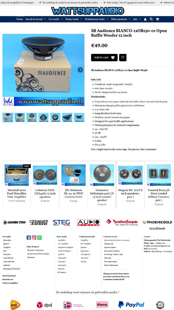 SB Audience BIANCO-12OB150-01 Open Baffle Woofer 12 inch, Overige merken, Gebruikt, Subwoofer, .
