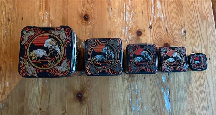 Vintage Chinese/Japanse Theeblikken met Afbeeldingen, Verzamelen, Blikken, Gebruikt, Thee, Overige merken, Ophalen of Verzenden