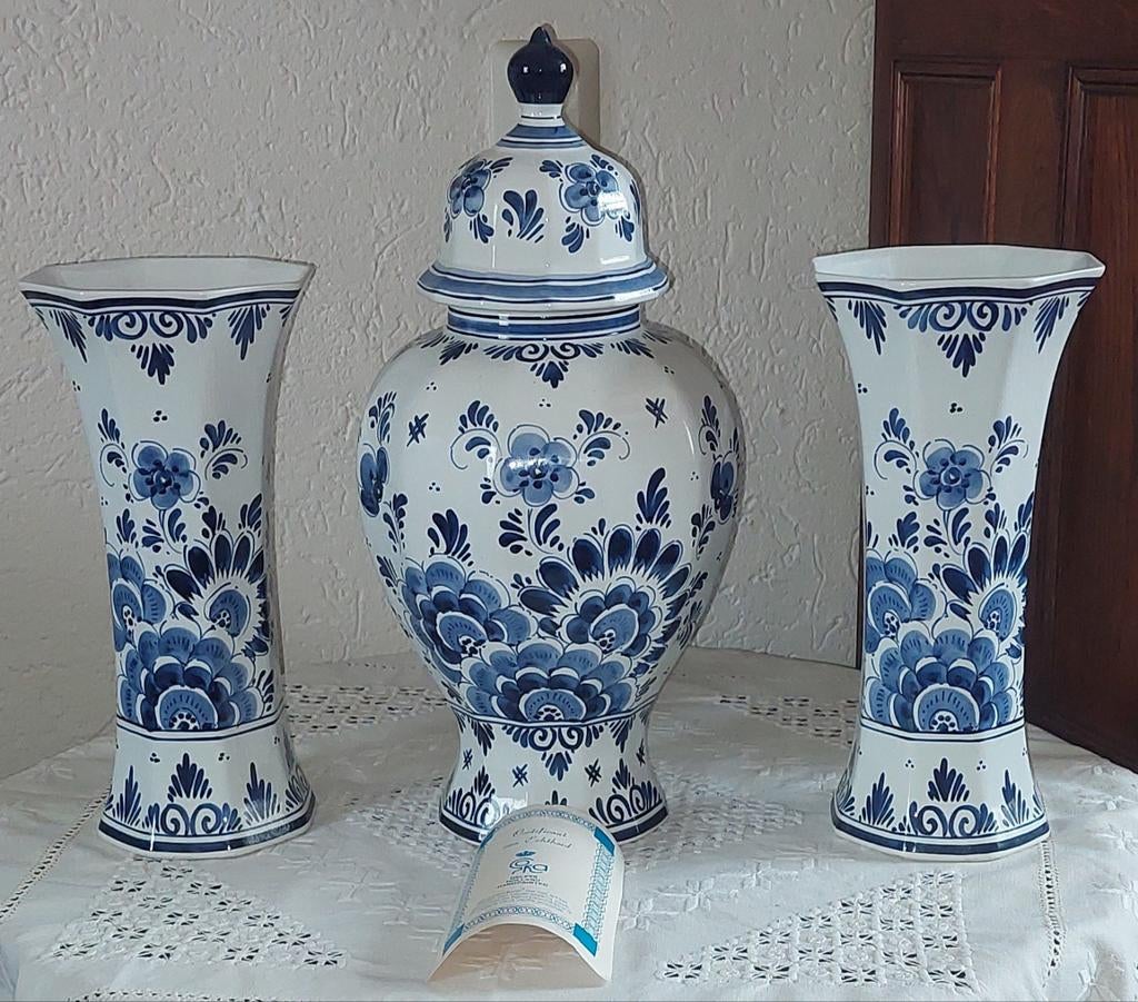 Prachtig Delfts Blauw Vazen en Pot Set - Handbeschilderd, Antiek en Kunst, Ophalen of Verzenden